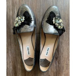 Miu Miu Jeweled Metallic Crackled Slip On Shoes